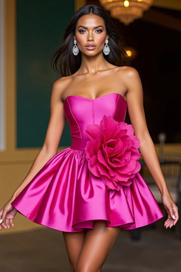 Fuchsia Strapless A Line Short Prom Dress With 3D Flowers